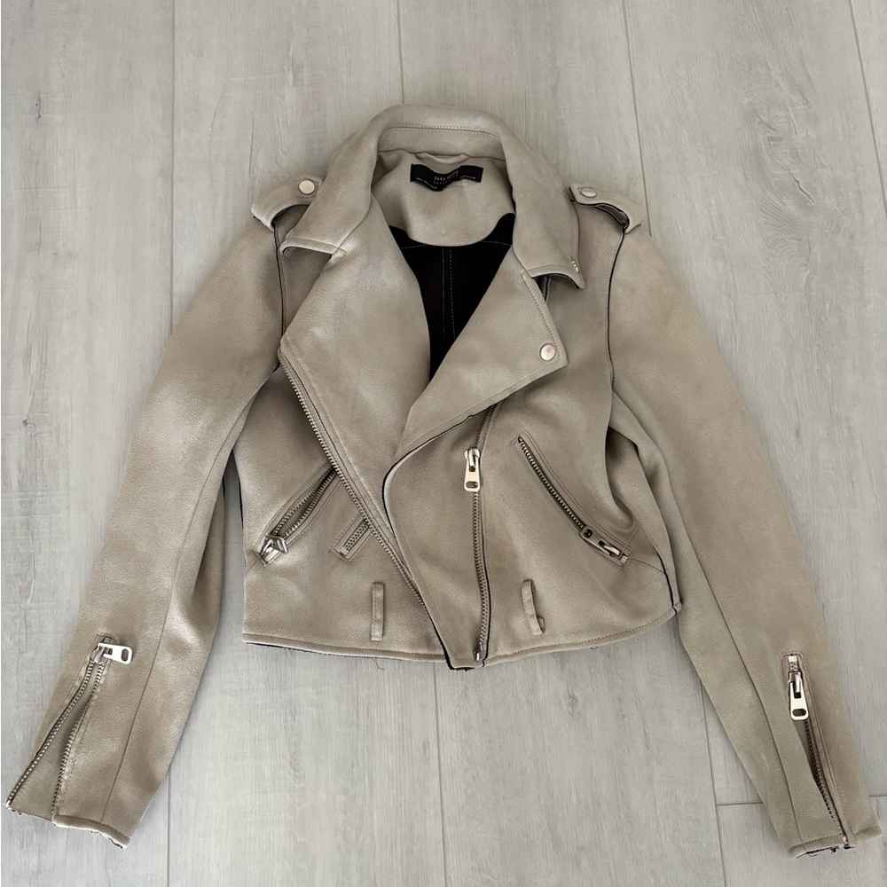 Zara Tan Leather Moto Jacket Asymmetrical Zipper